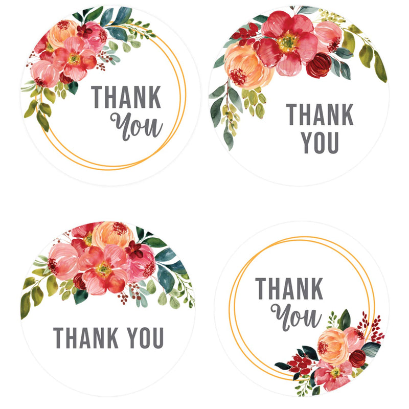 1.5" Bright Summer Floral Thank You Stickers / 6 Different Thank You Designs / 500 Thank You Stickers Per Roll