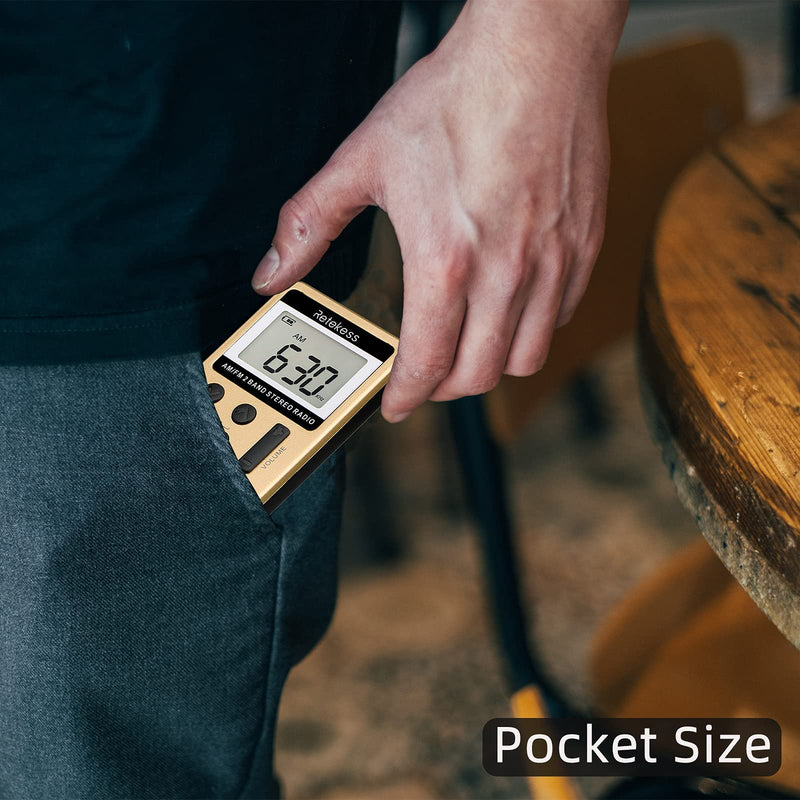 Retekess V112 AM FM Radio Portable, Mini Radio with Earphone Pocket, Digital Tuning Rechargeable Battery LCD Display for Walking Jogging(Gold) Gold
