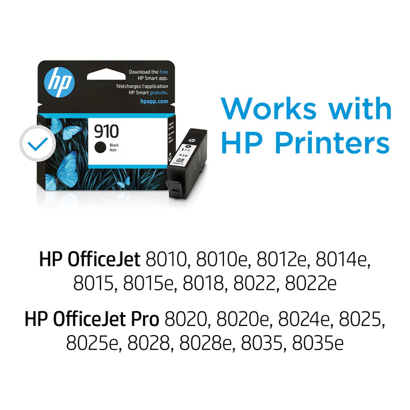 Original HP 910 Black Ink Cartridge | Works with HP OfficeJet 8010, 8020 Series, HP OfficeJet Pro 8020, 8030 Series | Eligible for Instant Ink | 3YL61AN