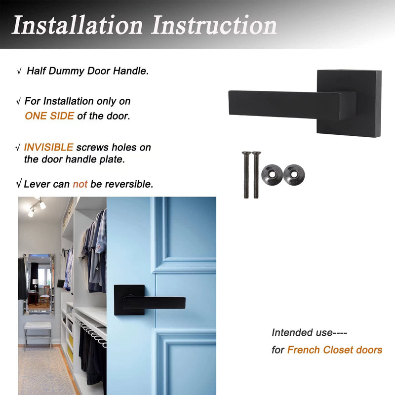 Probrico [Pack of 1]Door Lever Dummy Lever Door Handle for Closets French Doors,Square Dummy Door Lever,Non-Turning Single Side Pull with Black Finish,Easy Installation Pull Only Lever Set 1 Pack Dummy-Half Knob