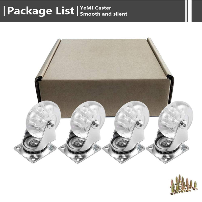 YeMI 2 Inch Swivel Plate Casters Set of 4, Heavy Duty Castor Wheels for Furniture, Crystal Clear Polyurethane Rolling Castors with 360 Degree Plate for Cabinet,Ottoman,Bench (500 Lbs,Screws Included) 2",4 swivel