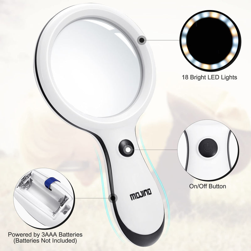 Magnifying Glass with Light, MOJINO 10X Lighted Large Handheld Reading Magnifier Glasses with 18 LED Lights for Macular Degeneration, Seniors & Kids Reading, Inspection, Coins, Jewelry, Exploring White