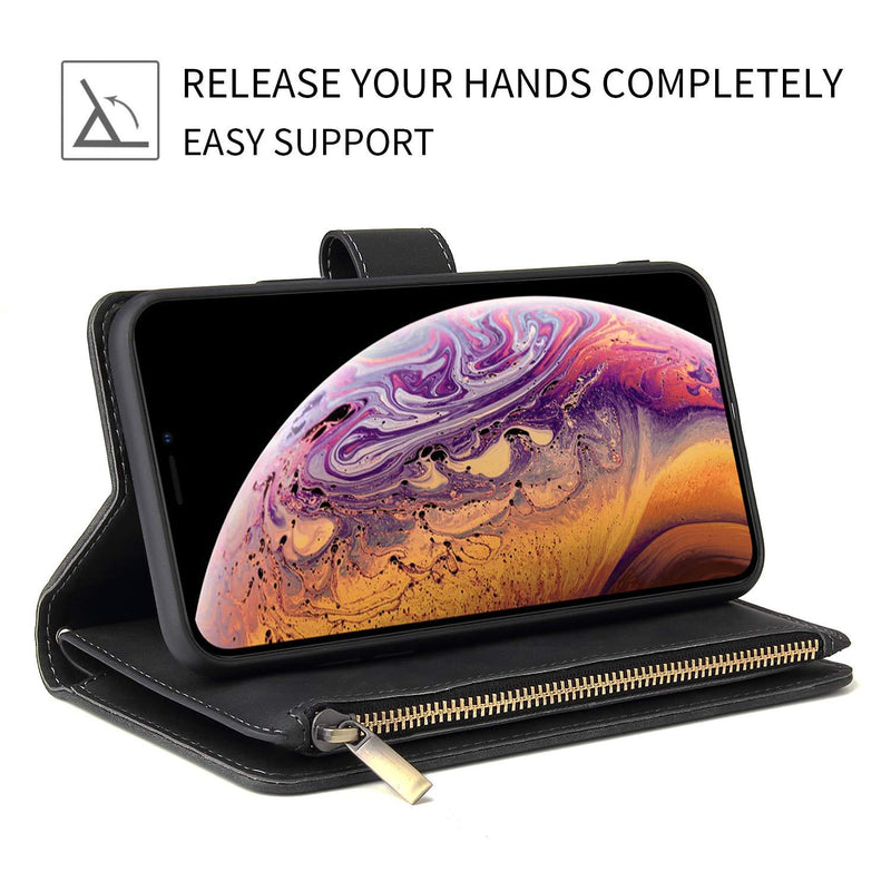 UEEBAI Wallet Case for Samsung Galaxy S8, Premium Vintage PU Leather Magnetic Closure Handbag Zipper Pocket Case Kickstand Card Holder Slots with Wrist Strap TPU Shockproof Flip Cover - Black