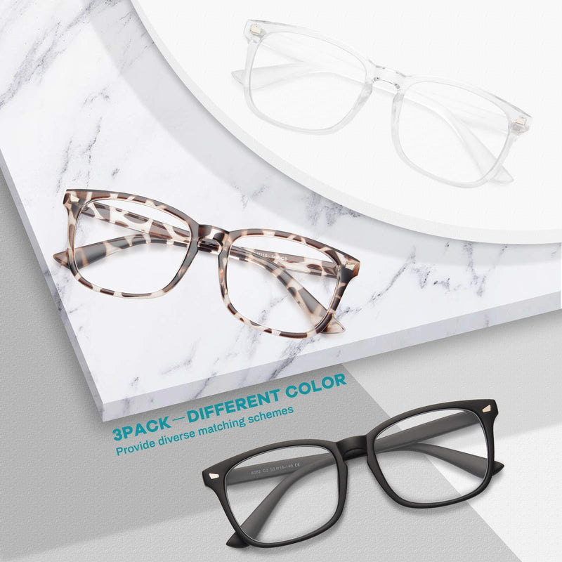 Gaoye 3-Pack Blue Light Blocking Glasses, Fashion Square Fake Nerd Eyewear Anti UV Ray Computer Gaming Eyeglasses Women/Men #Matte Black+leopard+transparent