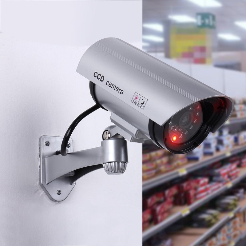 Dummy Security Camera, Fake CCTV Surveillance System with Realistic Red Flashing Lights and Warning Sticker (1, Silver)