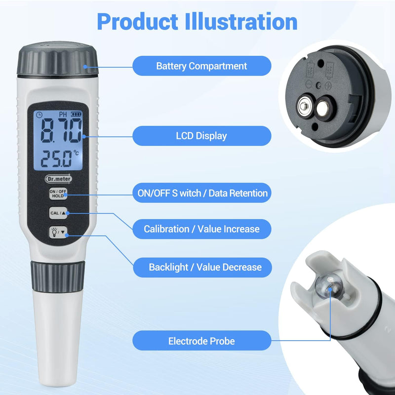PH measuring device, Dr.meter pH meter accuracy pH ±0.01, measuring range pH 0-14, digital PH tester with LCD ideal for drinking water, swimming pool, aquarium, fish pond, pool, spa or laboratory 1