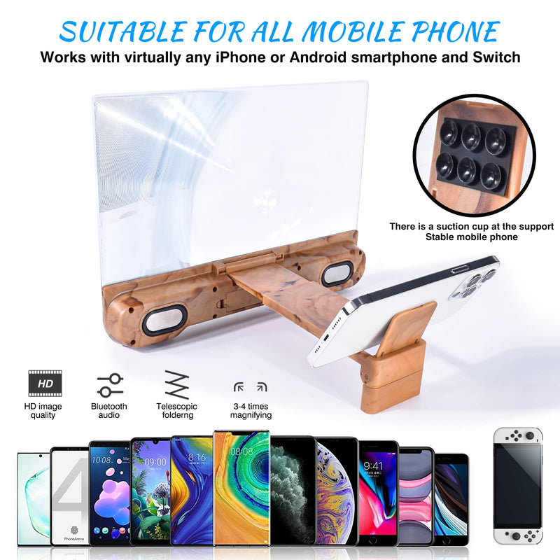 14 inch Phone Screen Magnifier with Bluetooth Speaker,Mobile Phone Screen Amplifier with 2-in-1Foldable Stretch Stand Holder Portable 3D Screen Magnifying Glass for All Smartphones(Wood Grain)