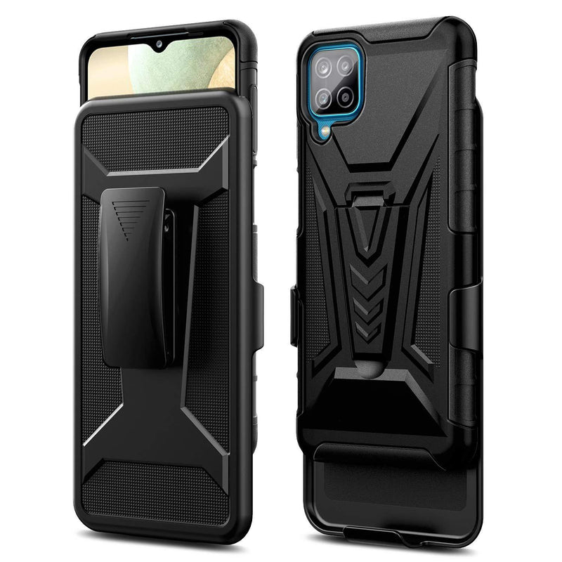 NZND Case for Samsung Galaxy A12 with Tempered Glass Screen Protector (Full Coverage), Belt Clip Holster with Built-in Kickstand, Heavy Duty Protective Shockproof Armor Defender Rugged Case -Black Black