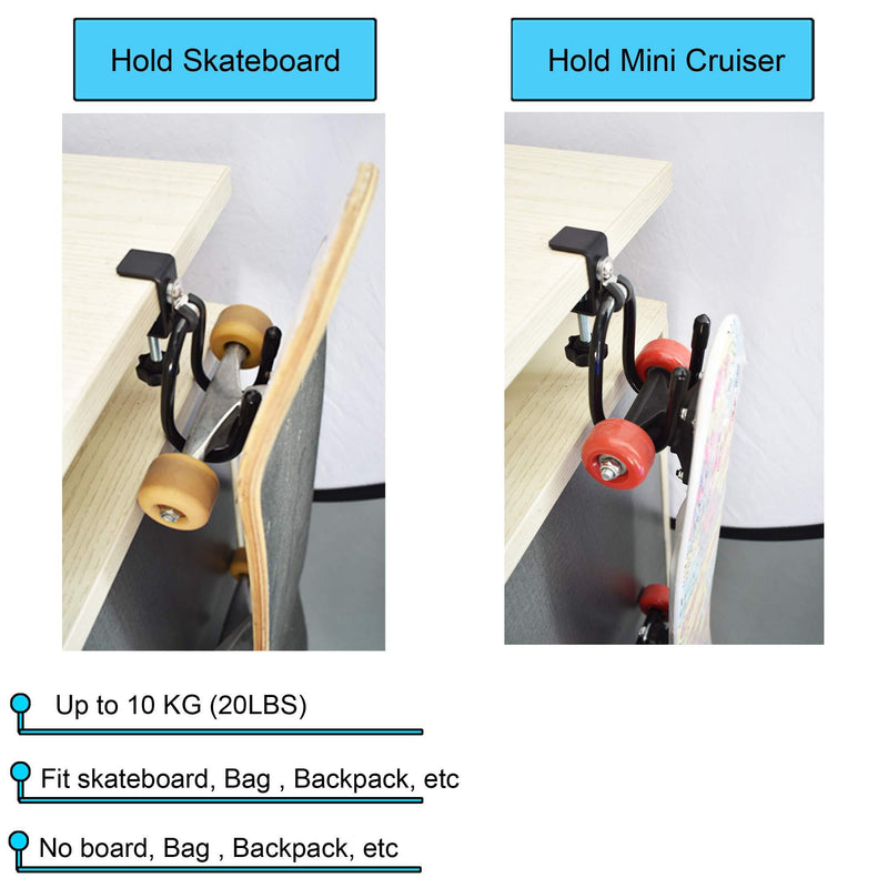 YYST Desk Store Clamp-On Skateboard Holder/Skateboard Hook /Mini Cruiser Hanger | Provides a Convenient Place to Hang Skateboard or Longboard to Reduce Clutter (20 lb. Capacity)- No Board (1) 1