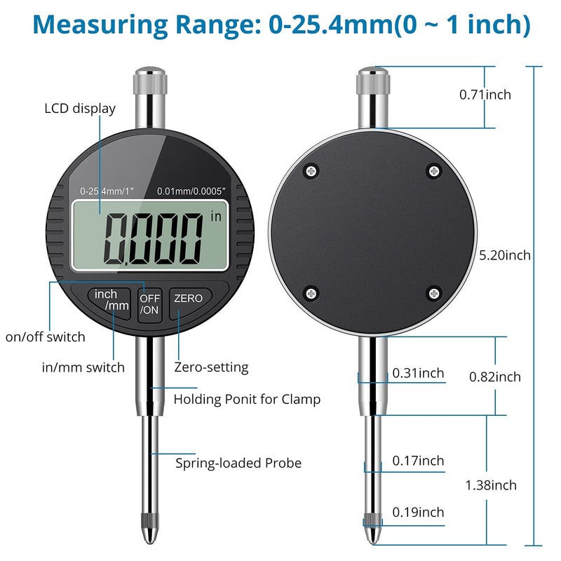 AUTOUTLET Digital Dial Gauge 0.01/0.0005'', Digital Dial Gauge Gauge 0-25.4mm/1'' Measuring Range, with LCD Display, Digital Indicator Gauge Dial Test Indicators for Laboratory Workshop etc. (Black) Black 0-25.4mm/1''( 0.01mm/0.0005'')