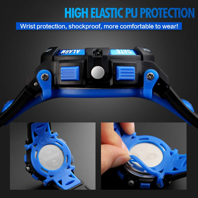 Boys Digital Watch Outdoor Sports 50M Waterproof Electronic Watches Alarm Clock 12/24 H Stopwatch Calendar Wristwatch - Black Blue