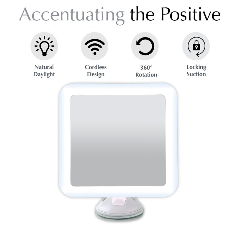 Fancii 10X Magnifying Lighted Makeup Mirror - Daylight LED Vanity Mirror - Compact, Cordless, Locking Suction, 6.5" Wide, 360 Rotation, Portable Illuminated Bathroom Mirror (Square) White