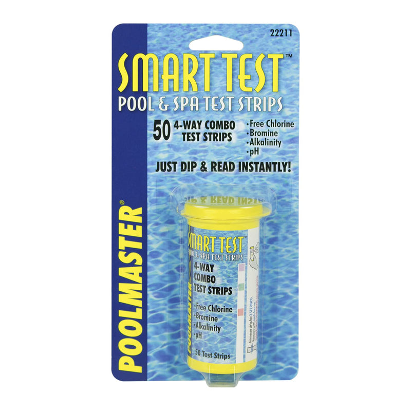 Poolmaster 22211 Smart 4-Way Swimming Pool and Spa Water Chemistry Test Strips, 1 Pack, Made in the USA, White and yellow 4 Way Test Strips