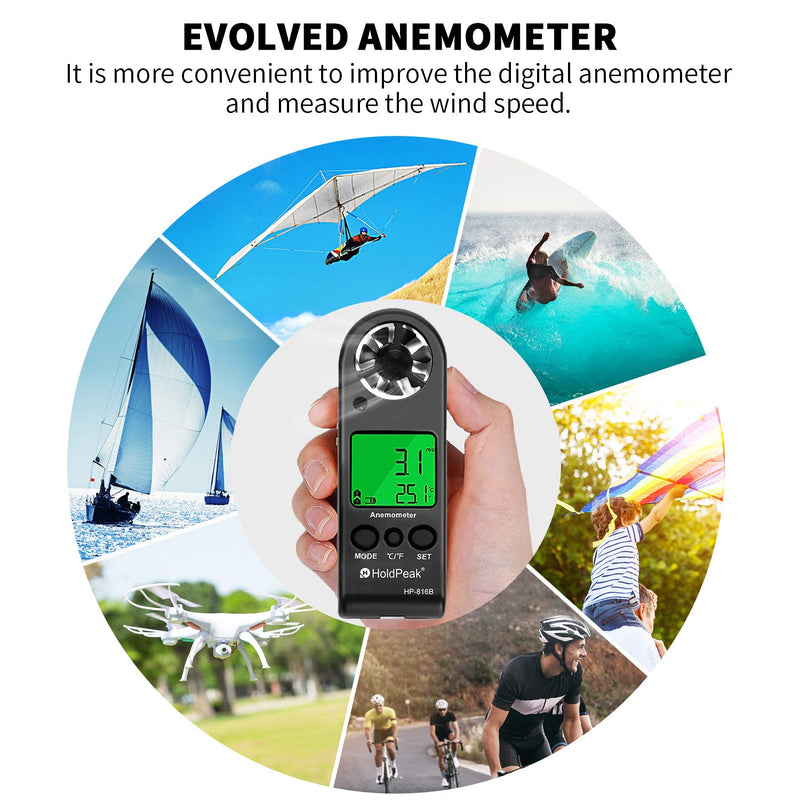 HoldPeak Anemometer Handheld HP-816B2PCS Wind Speed Meter Gauge Air Flow Velocity Measurement with Wind Chill Indication and Backlight for Windsurfing Kite Flying Shooting (Gift : Compass) 3-HP-816B*2PCS