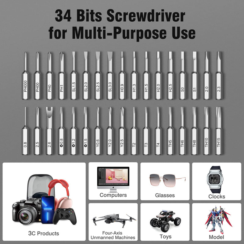 Electric Screwdriver- AM ARROWMAX Cordless Precision Screwdriver Set with 34 Magnetic Precision Bits,4 Gears Torque,Rechargeable Portable Repair Tool Kit for Electronics Laptop Glasses Watch (SES)