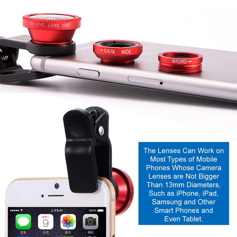 KINGMAS 3 in 1 Universal Fish Eye Lens + Wide-Angle Lens + Macro Clip Camera Lens Kit for iPad iPhone Samsung Android and Most Smartphones red