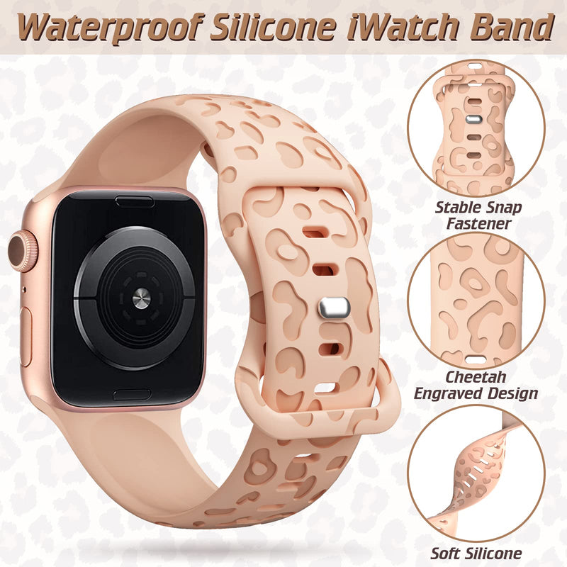 6 Pack Leopard Engraved Band Compatible with Apple Watch Band 40mm 38mm 41mm 44mm 42mm 45mm 49mm, Waterproof Cheetah Sport Silicone Wristbands Replacement for iWatch Series 8 7 6 5 4 3 2 SE for Women 42mm/44mm/45mm/49mm
