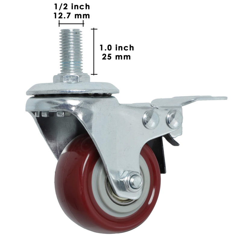 Finnhomy Swivel Caster Wheels 2 Inch Heavy Duty Threaded Stem Casters 1/2"-13 x 1" with Brake Set of 4 Premium Polyurethane Wheels PU Load Bearing 800 Lbs Anti-wear Smooth Casters, Red 1/2"-13x1"(with brake)