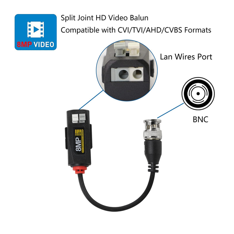 YACSEJAO Video Balun HD-CVI TVI AHD CVBS Passive Connector BNC Video Balun Transceiver Cable for 4K 1080P 960P 720P 8MP 6MP 5MP 4MP 3MP CCTV Security DVR Surveillance Camera System -1 Pair