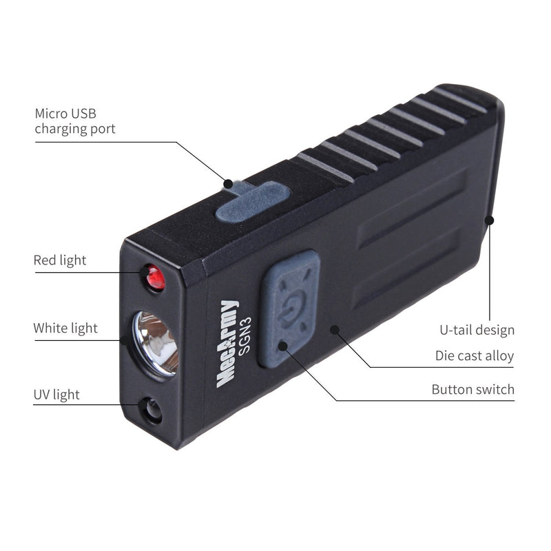 MecArmy SGN3 Mini Portable USB Rechargeable Multifunctional Keychain Flashlight|UV+RED+White Lights for selectable|CREE LED with 160 Lumens|Micro USB recharge designed for Everyday Carry (Black) Black