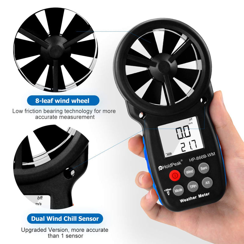 HOLDPEAK 866B-WM Digital Anemometer Handheld Wind Speed Meter with Altitude and hpa measurement, for Measuring Wind Speed, Temperature (℃/℉)，Dew point and Wind Chill with Backlight and Humidity Tester 1Pcs 866B-WM Multifunctional Anemometer