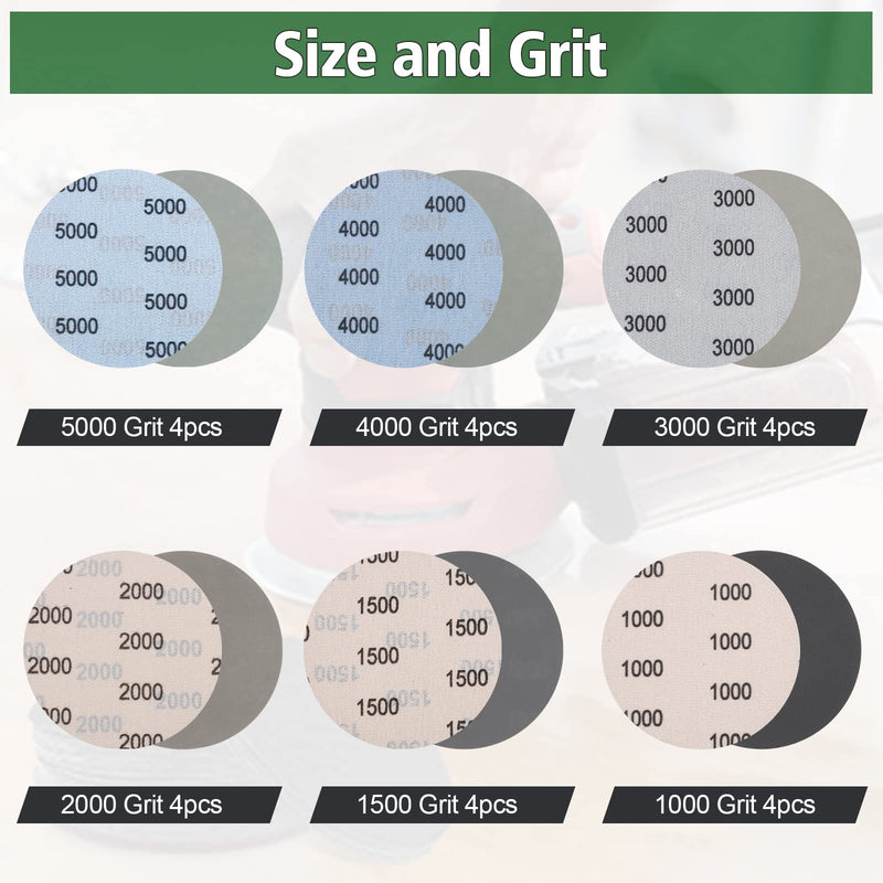 JatilEr Pack of 24 sandpaper 125 mm Velcro, grit 1000/1500/2000/3000/4000/5000 sanding pad round without hole wet dry sanding discs eccentric sander set for car metal wood
