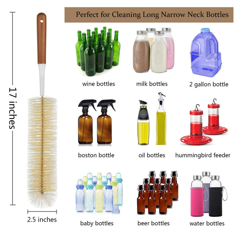 ALINK 5-Pack Bottle Brush Cleaner - Long Bamboo Handle Water Bottle Straw Cleaning Brush for Washing Narrow Neck Beer Wine Decanter, Baby/ Sports Bottle, Thermos, Flask Brown-bamboo