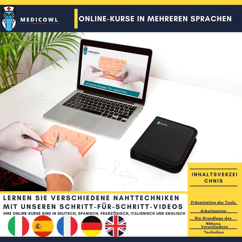 Seam training set | Suturing training + wound suturing video course in German | 33 pieces in a compartment case | Silicone seam simulator || Wound suturing practice set | Ideal Gift for Medical Students (Black) Black