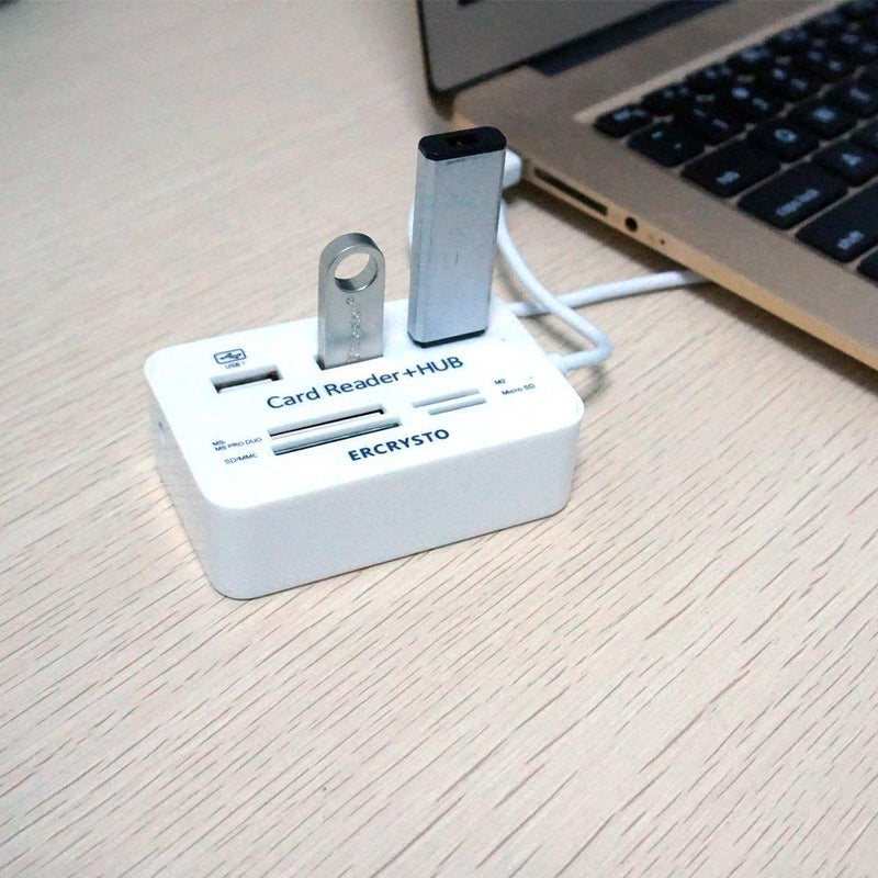 ERCRYSTO Card Reader and 3 Ports USB Hub, High Speed External Memory Card Reader (MS, Micro SD,SD/MMC,M2,TF Card), White.