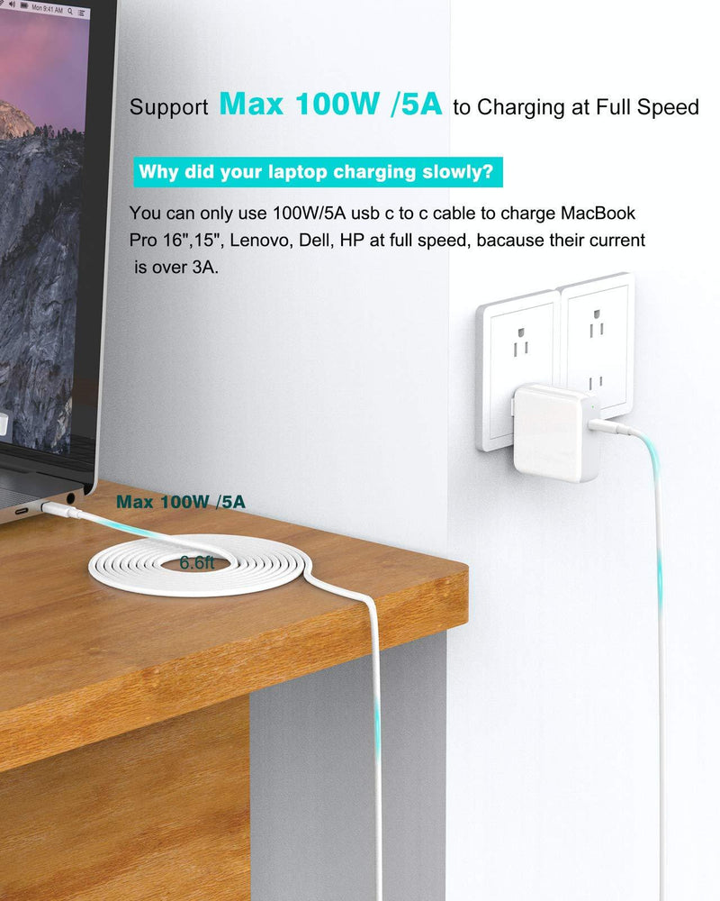 100W/5A USB C to C Charging Cable, Cord Compatible with MacBook Pro 16, 15, 13 inch, New Air 2020/2019/2018, USBC iPad Pro 12.9/11, Pixel 2/3/4 XL, USB C Charger, USB-IF Certified 6.6ft