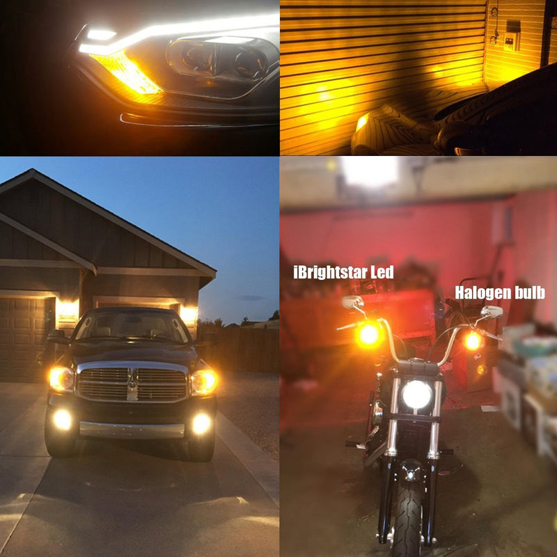 iBrightstar Newest 9-30V Super Bright Low Power 3156 3157 3057 4157 LED Bulbs with Projector Lenses Replacement for Front/Rear Turn Signal Blinker Lights or Brake Tail Parking Lights, Amber Yellow
