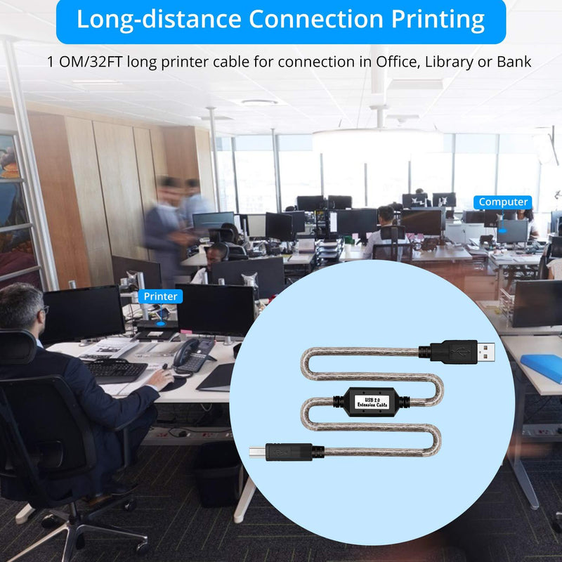 LDKCOK Active USB 2.0 Printer Cable 50ft - A-Male to B-Male High Speed Printer/Scanner/Repeater Cable for HP, Canon, Lexmark, Epson, Dell, Samsung etc (50FT/15M) Black