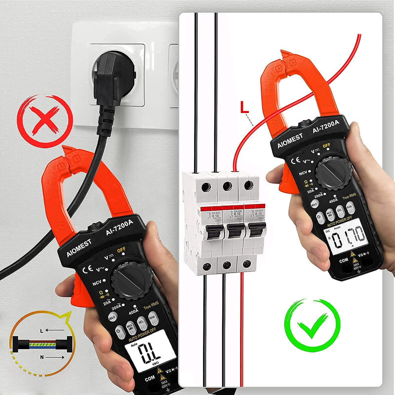 AIOMEST AI-7200A TRMS 2000 Counts Digital Clamp Multimeter Measures AC/DC Voltage, Current, Resistance, Continuity, Diode, Continuity, NCV Test, Auto Volt Amp Ohm Tester with Backlit Lamp