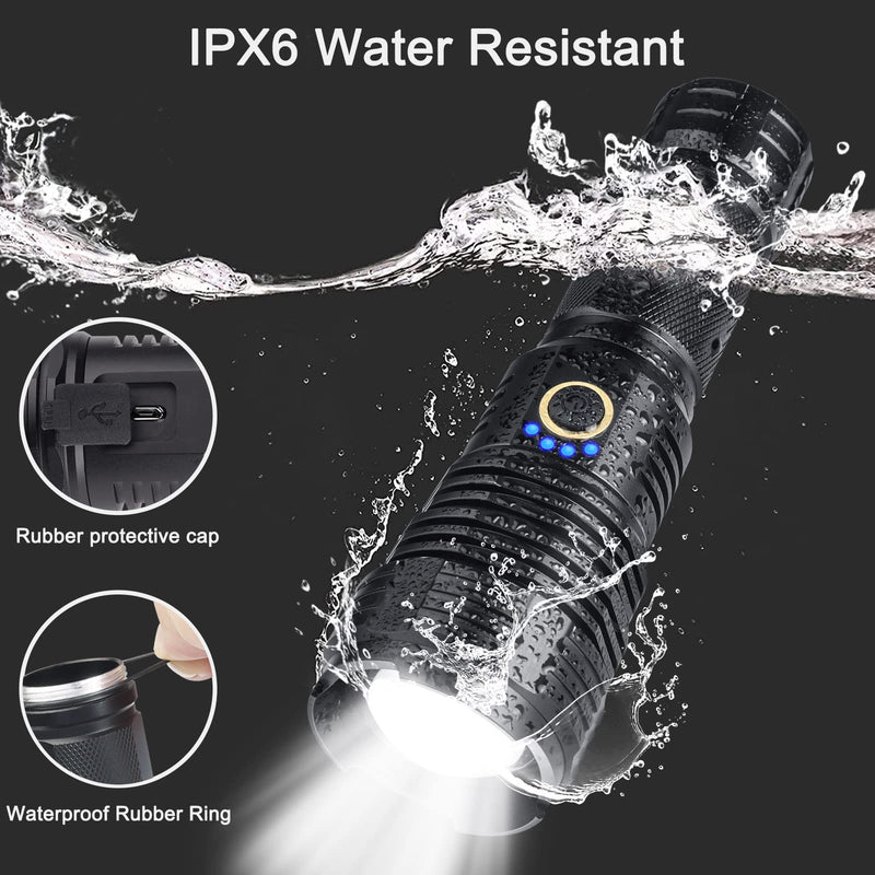 Rechargeable LED Flashlights, 90000 High Lumens Flashlight, XHP70 Tactical Flashlight with Zoomable, 5 Modes, Military Grade Waterproof Super Bright Flashlights for Emergencies, Camping, Hiking FM