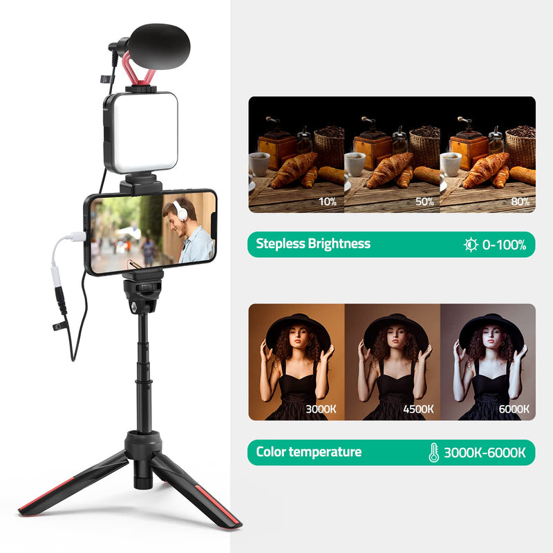 Smartphone Video Vlogging Kit with LED Light, Phone Holder, Microphone, Tripod Vertical & Horizontal Kit, Compatible with iPhone/Android, Content Creator Kit for YouTube Recording Facebook Live BLK