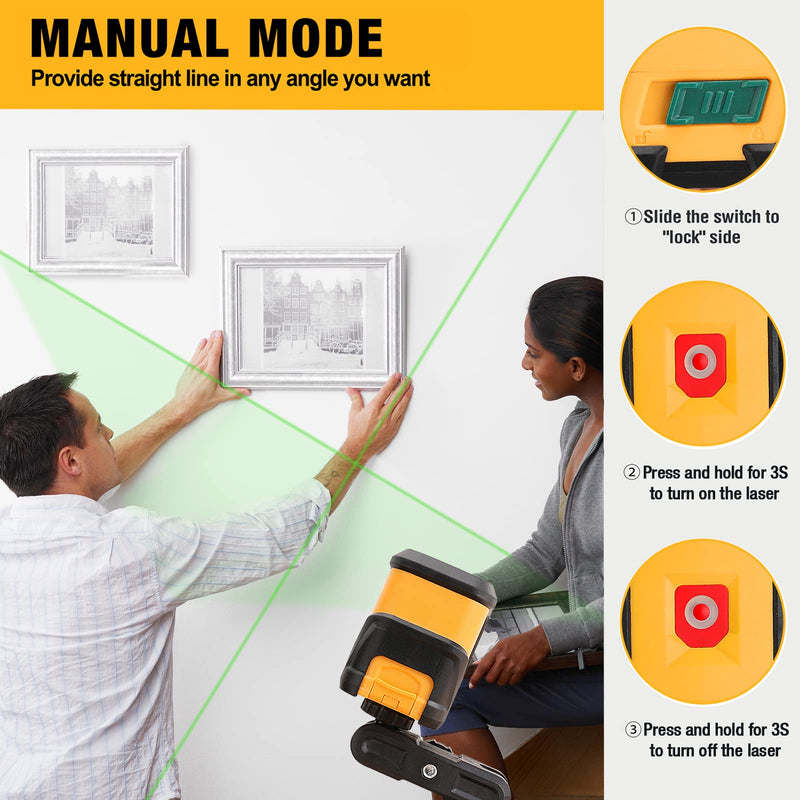 PREXISO 65FT Laser Level Self Leveling Cross-Line Laser Green Beam, with Rotatable Mount Clamp, LED Indicator for Hanging Pictures, Home Renovation, Floor Tile, Construction, 2 AA Batteries Included 360°Clamp& LED Indicator