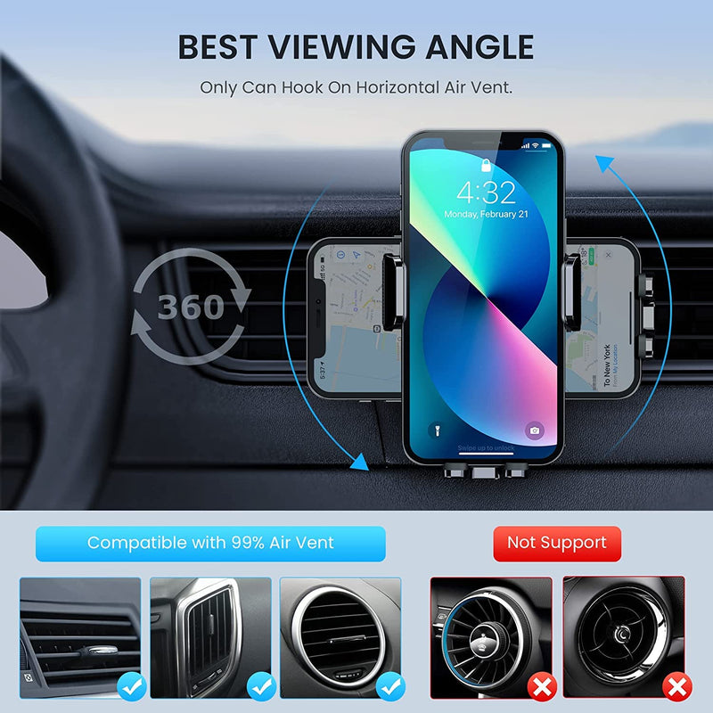 CINDRO Car Vent Phone Mount for Car [Military-Grade Hook Clip] Phone Stand for Car [Thick Cases Friendly] Air Vent Clip Cell Phone Holder for Smartphone, iPhone, Automobile Cradles Universal Dark