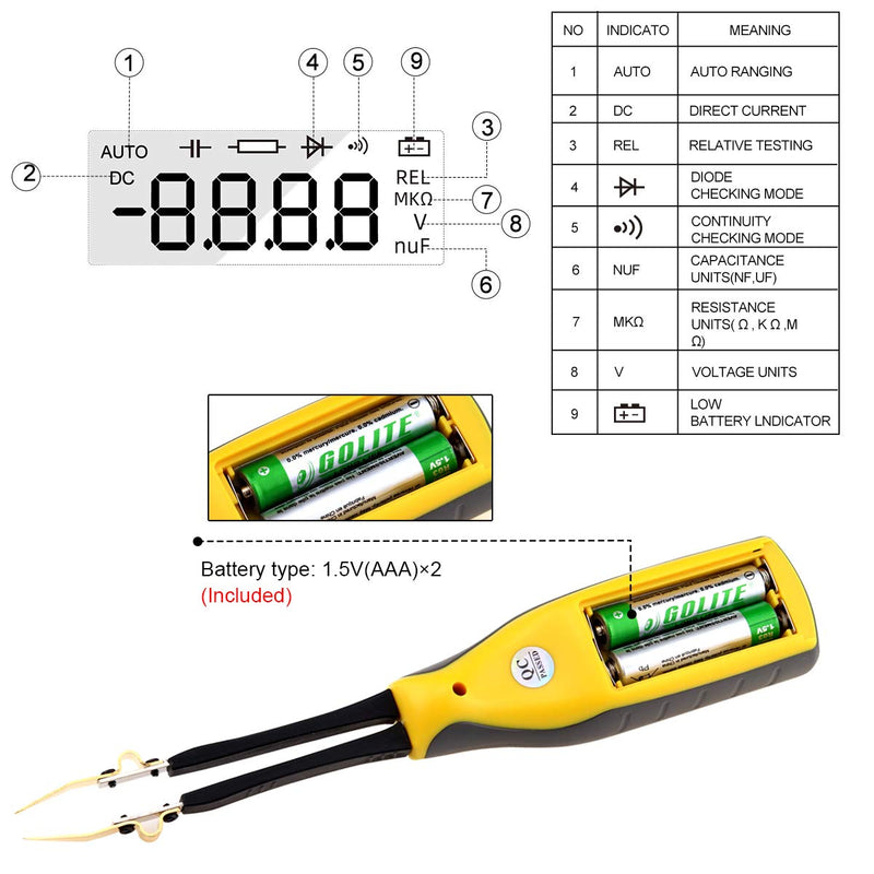 HoldPeak Digital Smart SMD Tester 6000 Counts HP-990C DMM Handheld Resistance Capacitance Tester,Digital Multimeter Auto Scan with Spare Test Pins (Battery Included) 1-990C Handheld SMD METER
