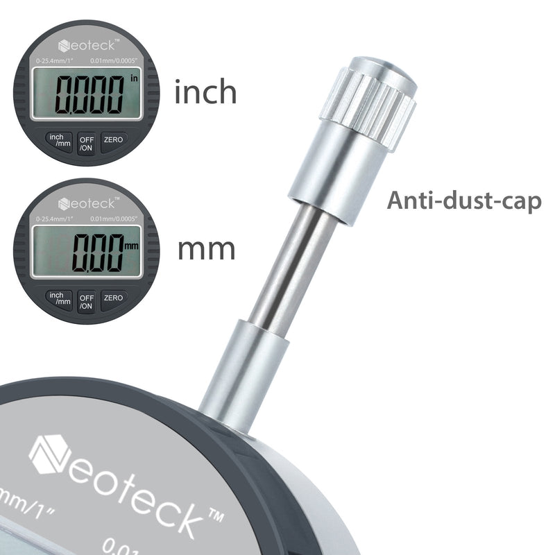 Neoteck DTI Electronic Digital Dial Indicator 1''/25.4mm | Digital Probe Indicator Dial Test Gauge High Resolution: 0.0005''/0.01mm - Silver Gray