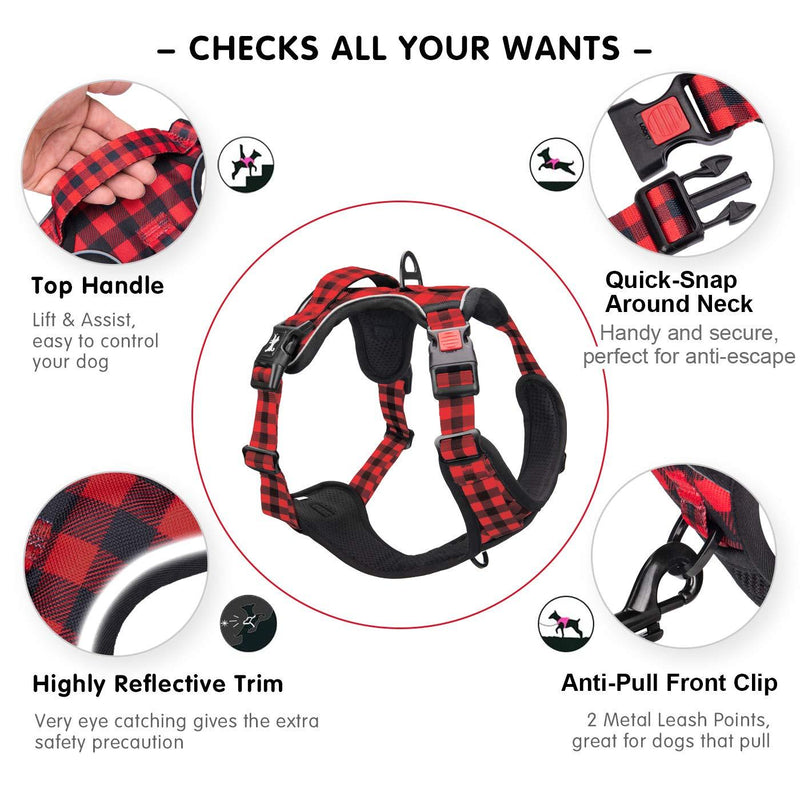 PoyPet No Pull Dog Harness, No Choke Front Lead Dog Reflective Harness, Adjustable Soft Padded Pet Vest with Easy Control Handle for Small to Large Dogs XS Checkered Red
