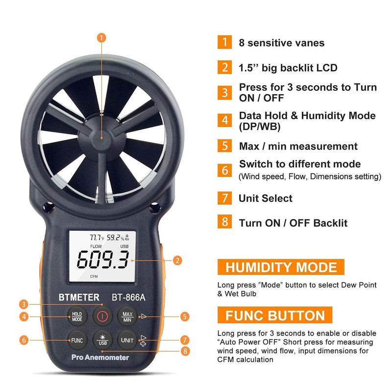 BTMETER BT-866A Pro Handheld HVAC Anemometer for CFM Air Flow, Wind Speed Meter Gauge Measures Wind Velocity Temp %RH Dew Point with USB Sync to PC BT-866A Anemometer