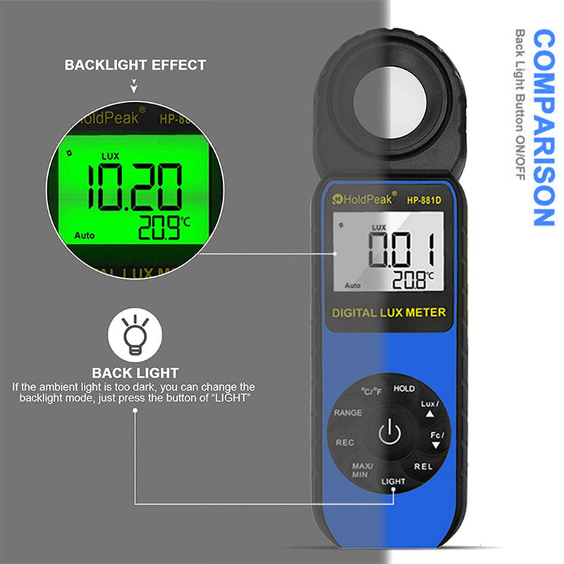 Light Meter HOLDPEAK HP-881D Digital Photographic Light Meters 0.01-400,000 Lux /1-40,000 FC 270° Rotatable Detector for Photography LED Lights Plants Lumen Meter Z-HP-881D-BLUE(0.01-400,000 Lux /1-40,000 FC)