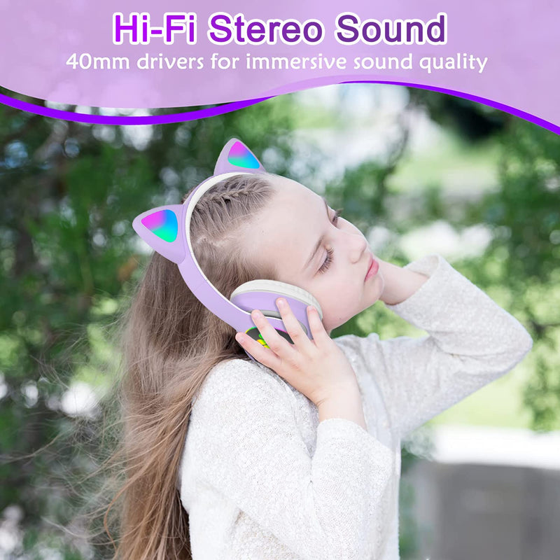 Kids Headphones, TOKANI Bluetooth Wireless Headphones for Kids Teens Adults, Over-Ear Bluetooth Headphones with Microphone, Cat Ear Headphones for Girls Women (Purple)