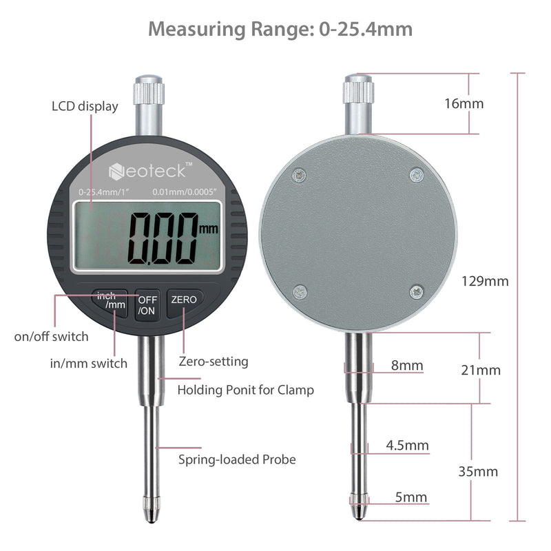 Neoteck DTI Electronic Digital Dial Indicator 1''/25.4mm | Digital Probe Indicator Dial Test Gauge High Resolution: 0.0005''/0.01mm - Silver Gray