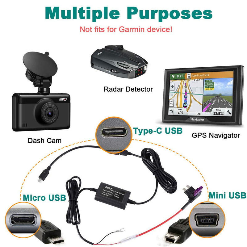 Dash Cam Hardwire Kit with Mini/Micro/Type-c Port, 4 Meter Dashboard Camera Car Charger Cable Kit 12V- 24V to 5V, Power Adapter with LP/Mini/ATO/Micro2 Fuse for Dash Cam, GPS Navigator, Radar Detector