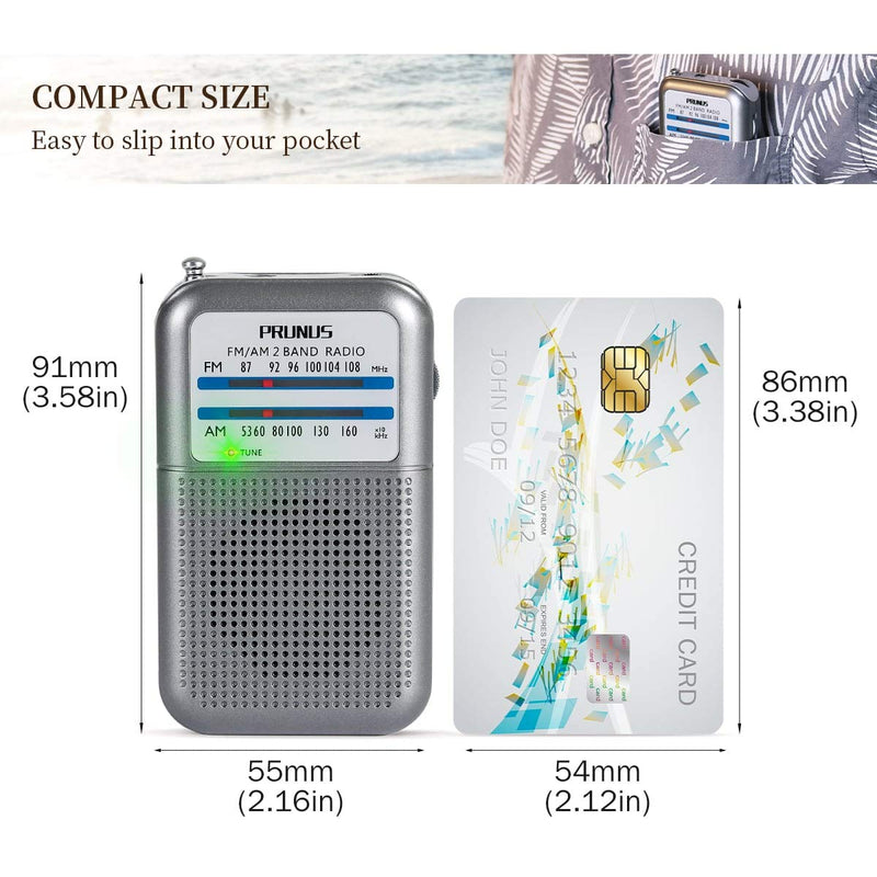 PRUNUS Pocket Radios Portable AM FM Small Walkman Radio with Best Reception, 2 AAA Battery Operated Transistor Radio with Headphone Jack & Speaker for Walk/Jogging/Gym/Camping Silver