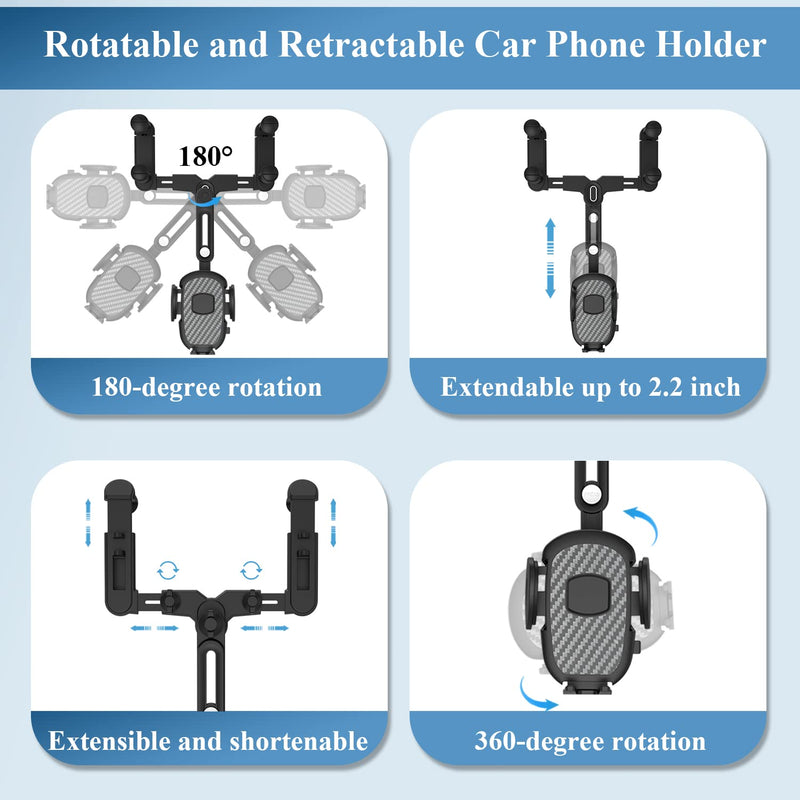 Phone Mount for Car, 360° Rotatable and Retractable Car Phone Holder Mount, Multifunctional Rotating Car Phone Holder Mount Universal Adjustable Rear View Mirror Cell Phone Holder for All Smartphones