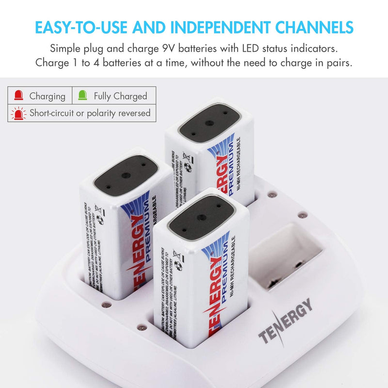 Tenergy TN136 4 Bay 9V Smart Charger with 4 Pieces Tenergy Premium 9V NiMH Rechargeable Batteries Charger + 4 Pc Premium Batteries