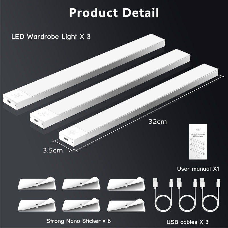 Cabinet lighting LED with motion detector 32cm 3 pieces cabinet light LED strip battery USB rechargeable under-unit light kitchen cabinet lights for wardrobe, stairs, trunk, RV 5000k-white 32cm-3 pieces