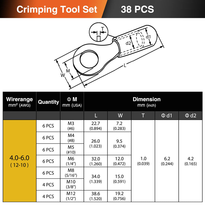Ring cable lugs 4-6mm² cable lugs set yellow hole Ø M3 M4 M5 M6 M8 M10 M12 crimp connector partially insulated PVC cable connector made of tin-plated copper SOMELINE® ring cable lugs 7 size 38 pieces 4-6mm² ring cable lugs